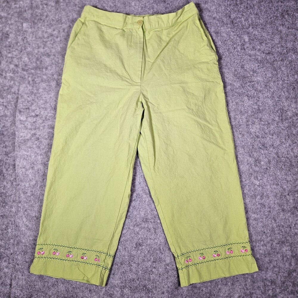 Alfred Dunner Womens Green Cherry Print Trim Capris Summer Vacation Size 10P